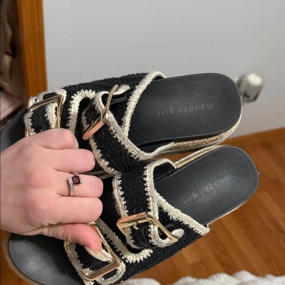 Madden Girl Black and Cream Buckle Sandals - Picture 2 of 8